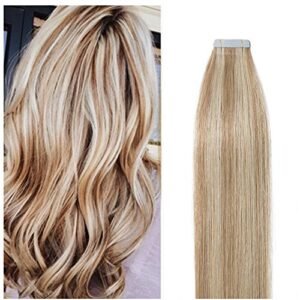 45cm Extension Capelli Veri Adesive Highlighted Riutilizzabili - 20 Fasce 50g #18 Beige Sabbia Biondo/#613 Biondo Chiarissimo - 100% Remy Tape Hair Extension