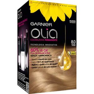 Garnier Olia Colorazione Permanente senza Ammoniaca, Migliora la Qualità dei Capelli, Copre i Capelli Bianchi, 8.0 Biondo Chiaro