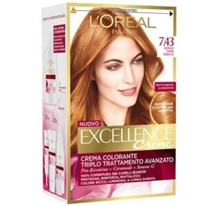 L'Oréal Paris Excellence Creme, Tinta Colorante con Triplo Trattamento Avanzato, Copre i Capelli Bianchi, 7.43 Biondo Ramato Dorato