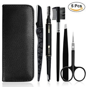 GiBot Pinzette Sopracciglia, 5pcs Kit per la cura del sopracciglio in acciaio inox con pinzette, Forbici per sopracciglia, pettine, matita, rasoi e custodia da viaggio per donne e uomini, nero