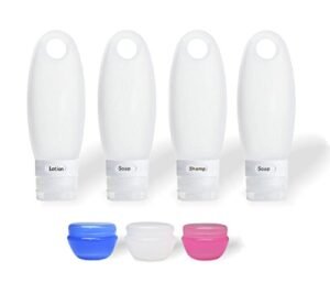 SANTREST Bottigliette in Silicone, da Viaggio, 98 ml/ 3.3 FL oz, Confezione da 4, per Viaggiare in Aereo, Approvate Dalla TSA, Comprimibili e Riempibili, per Shampoo, Balsamo, Lozioni(7 Pack White)