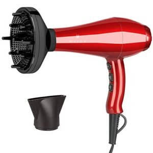 Wazor Professionale Asciugacapelli Ionico con diffusore phone per capelli 1800W, Rosso