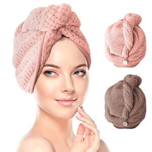 Asciugamano Capelli a Turbante, Capelli asciutti da 2pacchi Asciugamani in Microfibra Asciugacapelli rapido（Marrone, Rosa）
