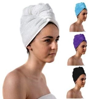 aztex, Asciugamano a Turbante per Capelli, Asciugamano per asciugare i Capelli, con Anello e Chiusura a Bottone, Lussuoso Cotone Assorbente e Leggero, Vari Colori, 64 x 23 cm, Bianco