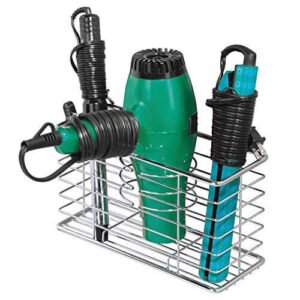 mDesign Porta asciugacapelli da appendere - Comodo cestello portaoggetti bagno per phon, piastra e spazzole - Porta phon multiuso a 3 scomparti - argento