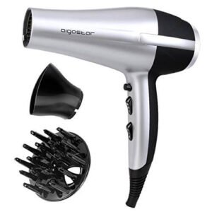 Aigostar Asciugacapelli Professionale con 2 velocità e 3 impostazioni di temperatura, Bottone aria fredda, Diffusore, 2200W, Motore DC, Color Argento e Nero. Design esclusivo