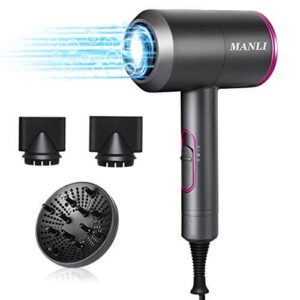 Asciugacapelli 2000 W Potente, MANLI Phon per Capelli Professionale a Ioni con 1 Diffusore 2 Concentratori 3 Velocità di Aria Calda & Fredda Phon Ionico per Capelli Hair Dryer (Fuscia)