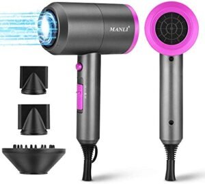 Asciugacapelli 1800 W Potente, MANLI Phon per Capelli Professionale a Ioni con 1 Diffusore 2 Concentratori 3 Velocità di Aria Calda & Fredda Phon Ionico per Capelli Hair Dryer (Fuscia)