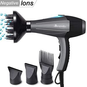 Basuwell Asciugacapelli Professionale ioni 2100W per Capelli con Tecnologia a Ioni, Basso Rumore 2 Velocità e 3 Temperature per un'Asciugatura Rapida e Styling a Lunga Durata Accessori Includere