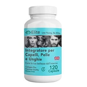 Integratore Elite per Capelli, Pelle, Unghie e Articolazioni. 120 Caps. Formula Ultra Forte Antirughe e Anticaduta per Donna Uomo, Azione Rapida con Acido Ialuronico, Biotina, Collagene, e Vitamina C