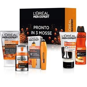 L'Oréal Paris Men Expert Cofanetto Hydra Energetic, Set Completo di Prodotti per la Cura dell'uomo in 3 Step, Prodotti per la Cura del Viso, Gel per Capelli, Deodorante, Confezione da 5