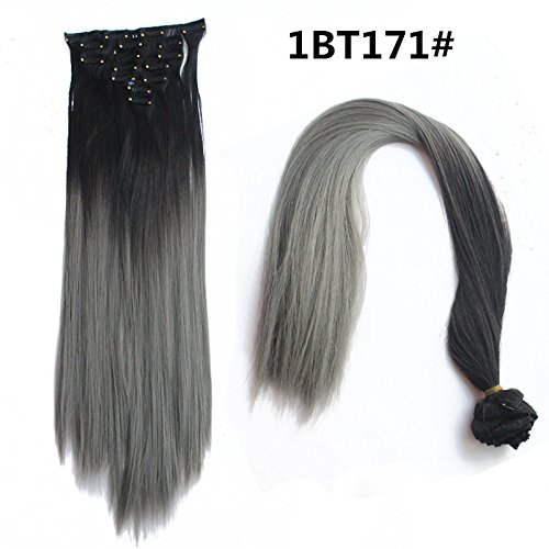 Extension per capelli, della lunghezza di 56 cm, capelli lisci, 130 grammi, da nero a grigio (due tonalità), setose, con clip, 7 pezzi (sufficienti per tutta la testa)