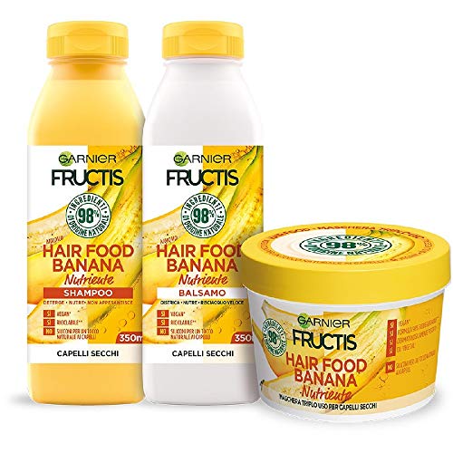 Garnier Fructis Hair Food Banana Nutriente, Kit con Shampoo, Balsamo e Maschera per Capelli Secchi, 98% di Ingredienti di Origine Naturale, Senza Siliconi