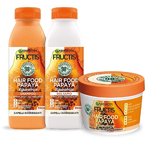 Garnier Fructis Hair Food Papaya Riparatrice, Kit con Shampoo, Balsamo e Maschera per Capelli Danneggiati, 98% di Ingredienti di Origine Naturale, Senza Siliconi