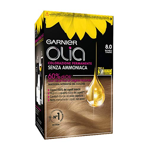 Garnier Olia Colorazione Permanente senza Ammoniaca, Migliora la Qualità dei Capelli, Copre i Capelli Bianchi, 8.0 Biondo Chiaro