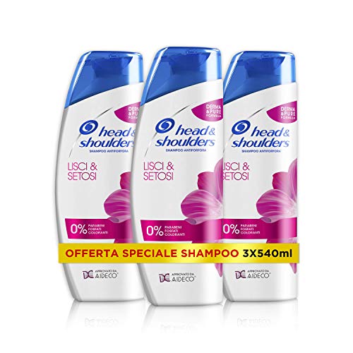 Head & Shoulders Lisci e Setosi Shampoo Antiforfora 2 in 1, Maxi Formato Pacco da 3 x 540 ml