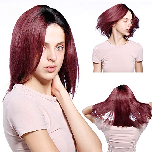 Ombre Human Hair Bob Wig Middle Part Front Lace Wig Yaki Straight Short Hair Shoulder Long Grade 8A Virgin Hair Color Black to Red Cheap Wig for Women 12 inch