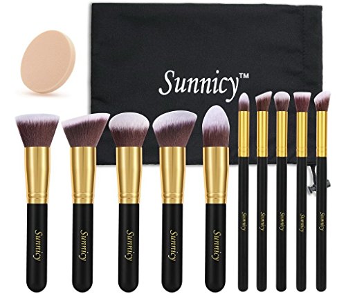 Sunnicy 10 pezzi Set premium di pennelli sintetici Kabuki per il make up per fondotinta liquidi, cosmetici crema & minerali, cipria, eyeliner, per miscelare, blush con pochette in omaggio -nero dorato