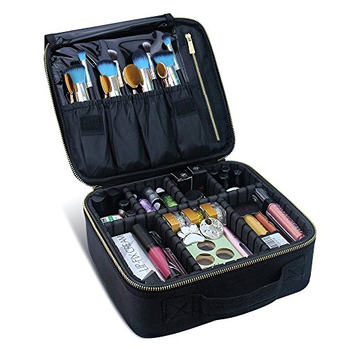 Travelmall, borsa per cosmetici professionale da viaggio a 3 livelli, regolabile, con tracolla, per trucchi, attrezzi da parrucchiera, nail art, con trolley Gold Black