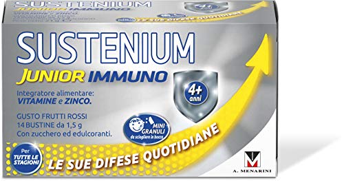 Sustenium Immuno Junior - Integratore vitaminico per le difese immunitarie dei bambini. Con Vitamina C e del Gruppo B. Senza Glutine e senza Lattosio. 14 bustine orosolubili da 1,5gr