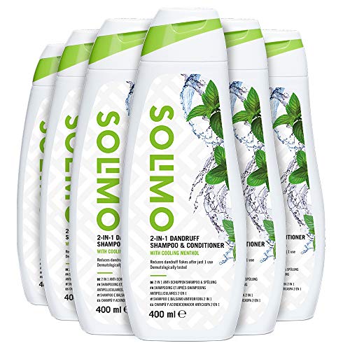 Marchio Amazon - Solimo Shampoo e balsamo antiforfora 2 in 1 con mentolo rinfrescante- Confezione da 6 (6 flaconi x 400 ml)