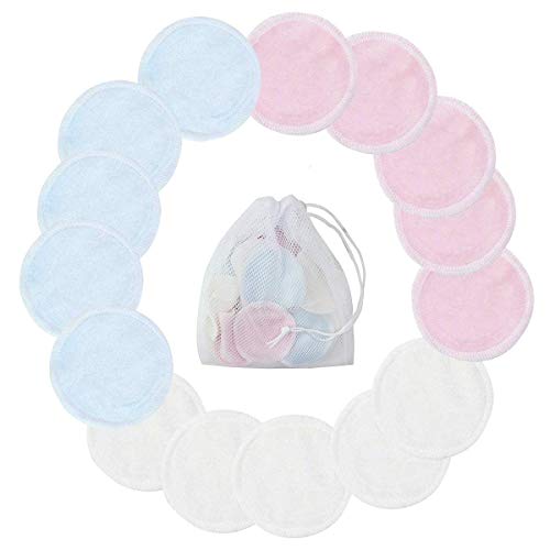 15pcs Bamboo Reusable Makeup Wipes 3 Colors Bamboo Makeup Remover Pads with Laundry Bag Washable Clean Skin Care Round Pads Cleansing Towel Wipes (Pink White Blue)