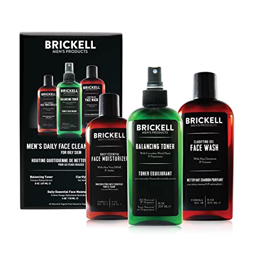 Routine quotidiana per la pulizia del viso da uomo Brickell per pelli grasse, toner senza alcool, gel detergente per il viso e idratante, naturale e biologico, Inodore
