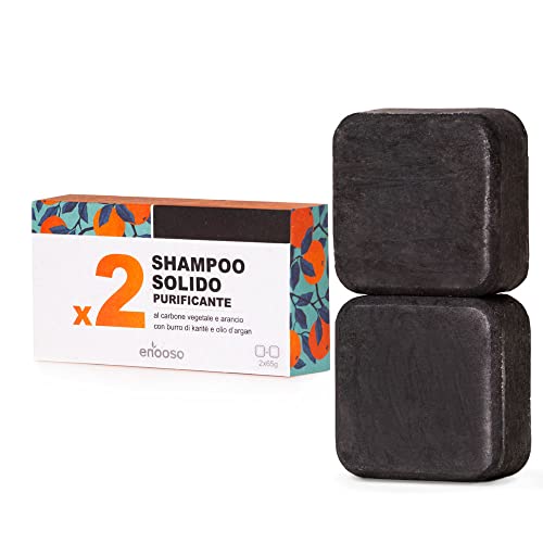 Enooso - Shampoo Solido bio antiforfora Purificante e Nutriente al Carbone Vegetale 130 g - 100% Artigianale Biologico Naturale Vegano - Made in Italy