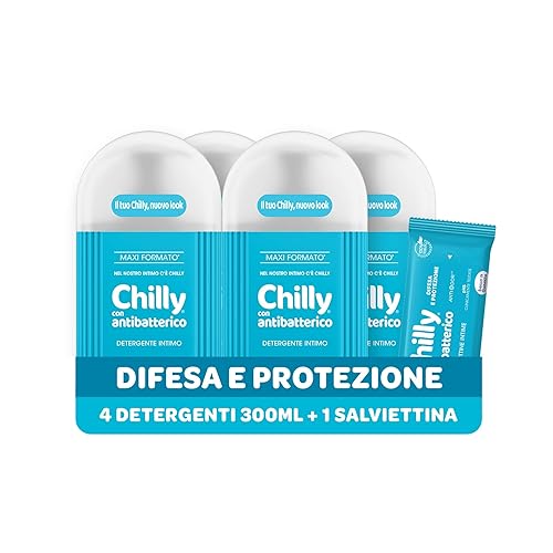 Chilly Detergente Antibatterico per l'Igiene Intima con Azione di Difesa e Protezione, Fragranza di Timo e Salvia, PH 5, Clinicamente Testato, Confezione da 4 Flaconi da 300ml