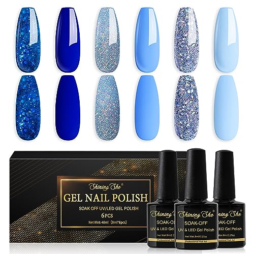 Shining She Smalto Semipermanente Blu,6 Colori Serie Oceanica Azzurro Zaffiro Glitter Soak-Off UV Smalto Unghie per Novizia Nail Art DIY,8ml