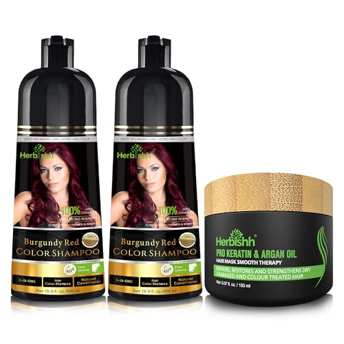 Combo Pack-2pcs Herbishh Hair Color Shampoo for Gray Hair+ 1pc Argan Intense Hair Mask – Colors Hair in Minutes – Long-lasting color– 500 Ml –Stimulates Dry Frizzy Hair (Burgundy)