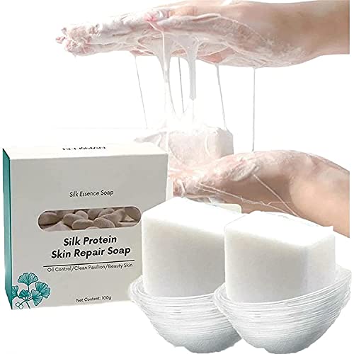 Goat Milk Soap,Silk Protein Skin Repair Soap,Skin Lightening Soap, Silk Protein Essence Soap,Super Long Brushed Oil Control Cleansing Soap Net Acne Moisturizing Repair (2 Pcs)