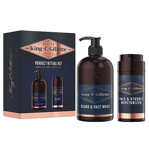 King C. Gillette Kit CREMA IDRATANTE VISO E BARBA, DETERGENTE VISO UOMO, Ideale per la Cura della Barba, Confezione Idea Regalo, Set Barba Uomo Professionale