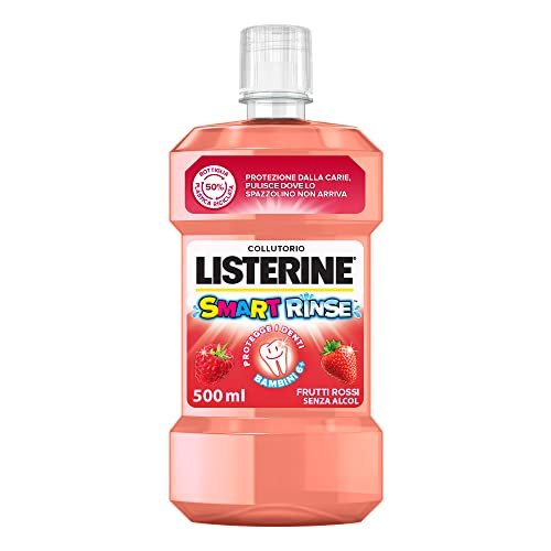 LISTERINE Collutorio Smart Rinse, Collutorio bambini al gusto di Frutti Rossi, Collutorio senza alcool e zucchero per un'igiene orale completa per i bambini 6+, 500 ml