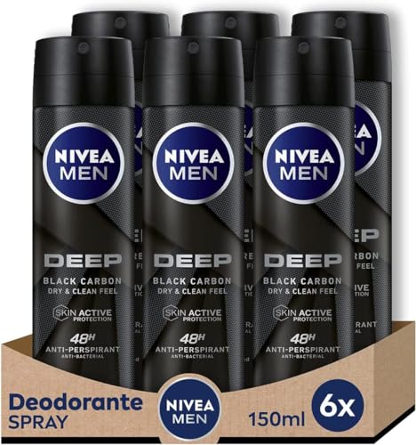 NIVEA MEN DEEP Spray deodorante 6 x 150 ml, Deodorante uomo con formula anti-batterica con Carbone Attivo, Deodorante anti-traspirante per 48 h di intensa freschezza