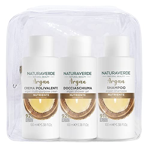 Naturaverde | Natural Beauty- Travel Care Kit all'Argan, Shampoo da Viaggio, Docciaschiuma, Crema Corpo, Pratica Pochette 100ml