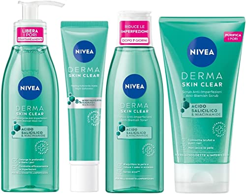 NIVEA Derma Skin Clear – Special Pack Kit Anti-Imperfezioni, Set da 4 – Gel Detergente viso, Tonico viso, Scrub viso Anti-Imperfezioni e Peeling viso Esfoliante Notte