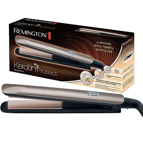 Remington Piastra per Capelli - Keratin: Rivestimento Ceramico di alta qualità con Cheratina e olio di mandorle - Display LCD, 9 impostazioni di temperatura 150-230°C, piastra per capelli S8540