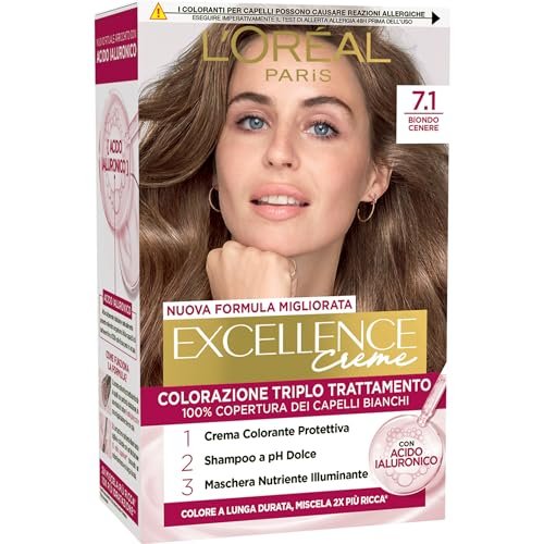 L’Oréal Paris Colorazione Triplo Trattamento Excellence, Con Acido Ialuronico, 100% Copertura Capelli Bianchi, Per Capelli Più Idratati, Biondo Cenere (7,1)