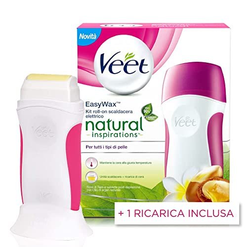 Veet Kit Ceretta Roll-On, Scaldacera Elettrico Professionale, Cera Depilatoria con 90% di Ingredienti di Origine Naturale con Ricarica Inclusa + 12 Strisce e Salviette Post-Epilazione