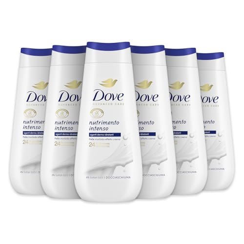 Dove Bagnoschiuma Nutrimento Intenso, Bagnodoccia Idratante, Formula Delicata sul Microbioma della Pelle, con Agenti Idratanti Vegetali, Senza Solfati SLES, Bagnodoccia Uomo e Donna, 6 Pezzi da 225 ml