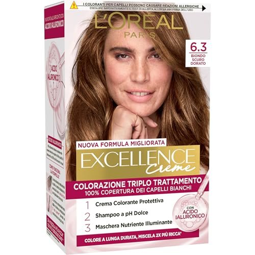 L’Oréal Paris Colorazione Triplo Trattamento Excellence, Con Acido Ialuronico, 100% Copertura Capelli Bianchi, Per Capelli Più Idratati, Biondo Scuro Dorato (6,3)