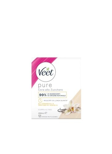Veet Cera allo zucchero con olii essenziali e profumo di vaniglia, 250 ml di Cera e 12 Strisce Riutilizzabili