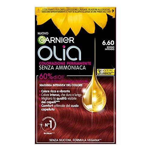 Garnier Olia Bold Tinta Capelli, Colorazione Permanente Senza Ammoniaca, Copre il 100% dei Capelli Bianchi, Con Oli di Fiore di Origine Naturale, Formula Vegana, Rosso Intenso