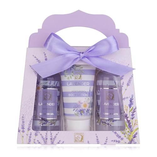 Accentra Set 3 pezzi con gel doccia, lozione per il corpo e bagnoschiuma da donna LaVENDEL in bella confezione regalo per compleanno, San Valentino e Natale
