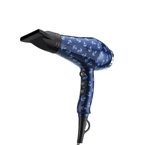 Zephir, Asciugacapelli Professionale, Fantasia "Ancore", Potenza 2000W, 2 velocità, 3 livelli di temperatura, Colpo di Freddo, Concentratore e Diffusore inclusi, Con Tote Bag della Stessa Fantasia.