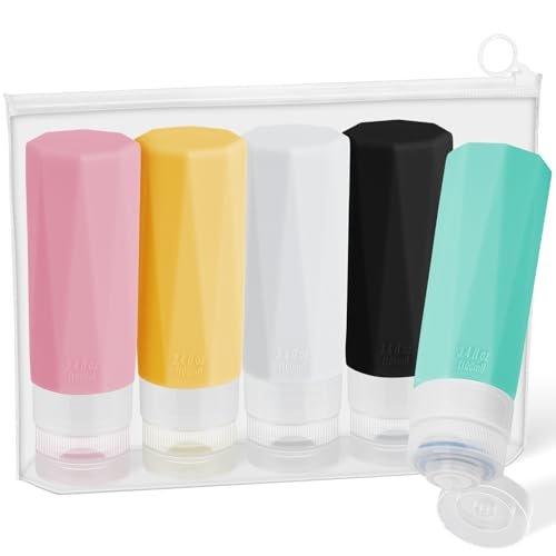 Alyvisun Flaconi da Viaggio 100ml, 5 Pezzi Bottiglie da Viaggio Ricaricabili in Silicone, con Borsa Portaoggetti, Anti-Perdita Contenitori da Viaggio per Liquidi, Shampoo, Lozione