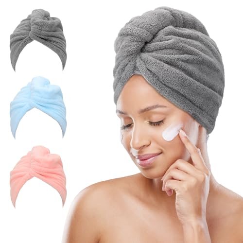 FREATECH 3 Pezzi Asciugamano Capelli in Microfibra - Asciugare Rapidamente i Capelli Bagnati senza Crespo, Turbante Capelli Morbido e Assorbente con 3 Bottoni per Donna, Bambino, Capelli Lunghi Ricci