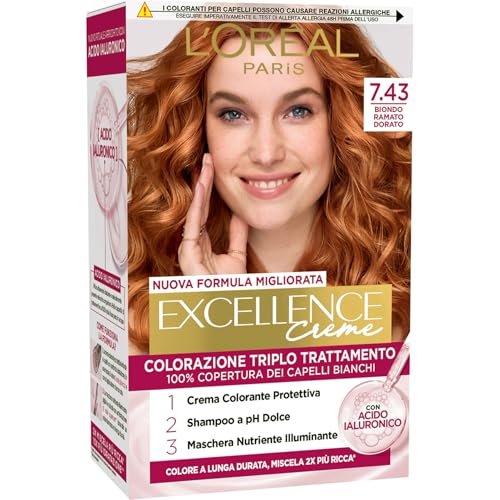 L’Oréal Paris Colorazione Triplo Trattamento Excellence, Con Acido Ialuronico, 100% Copertura Capelli Bianchi, Per Capelli Più Idratati, Biondo Ramato Dorato (7,43)