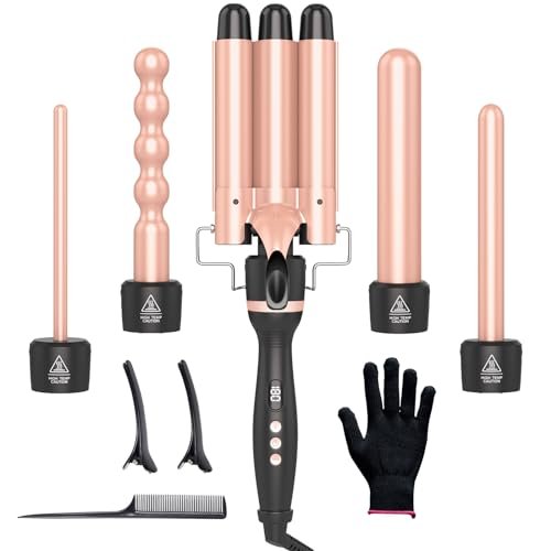 OBVHNUA Ferro Arricciacapelli 5 in 1 Piastra Onde Per Capelli 80-230℃ Regolazione Della Temperatura Riscaldamento Rapido PTC, con guanto, 2 mollette e 1 pettine